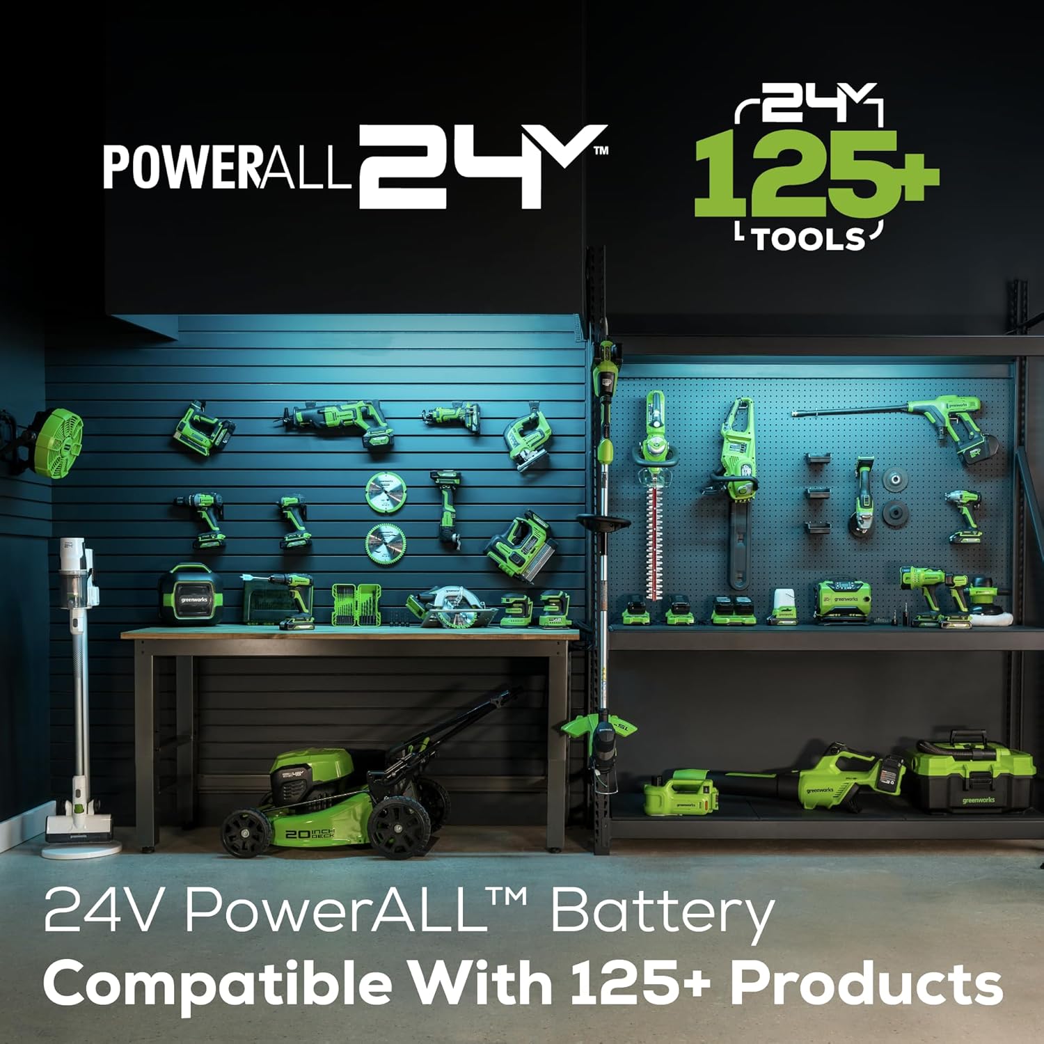 Greenworks 24V 8" Cordless Polesaw + 20" Pole Hedge Trimmer Combo, 2.0Ah Battery and Charger Included
