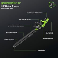 Greenworks 40V 26in Brushless Hedge Trimmer, (1) 2.0Ah Battery & 2A Port Charger