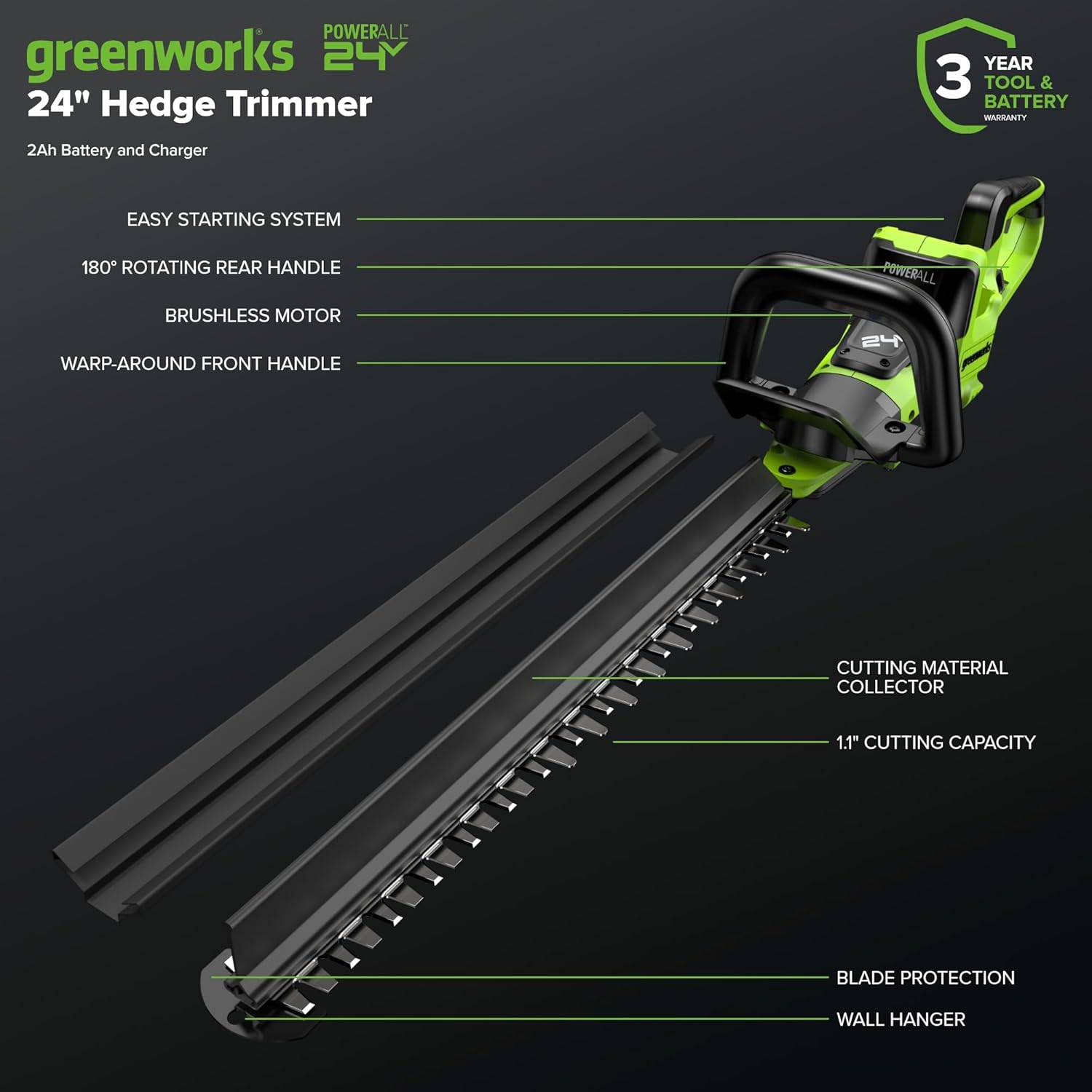Greenworks 24V 24in Brushless Hedge Trimmer, (1) 2.0Ah Battery & 2A Port Charger