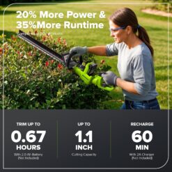 Greenworks 24V 24in Brushless Hedge Trimmer, (1) 2.0Ah Battery & 2A Port Charger