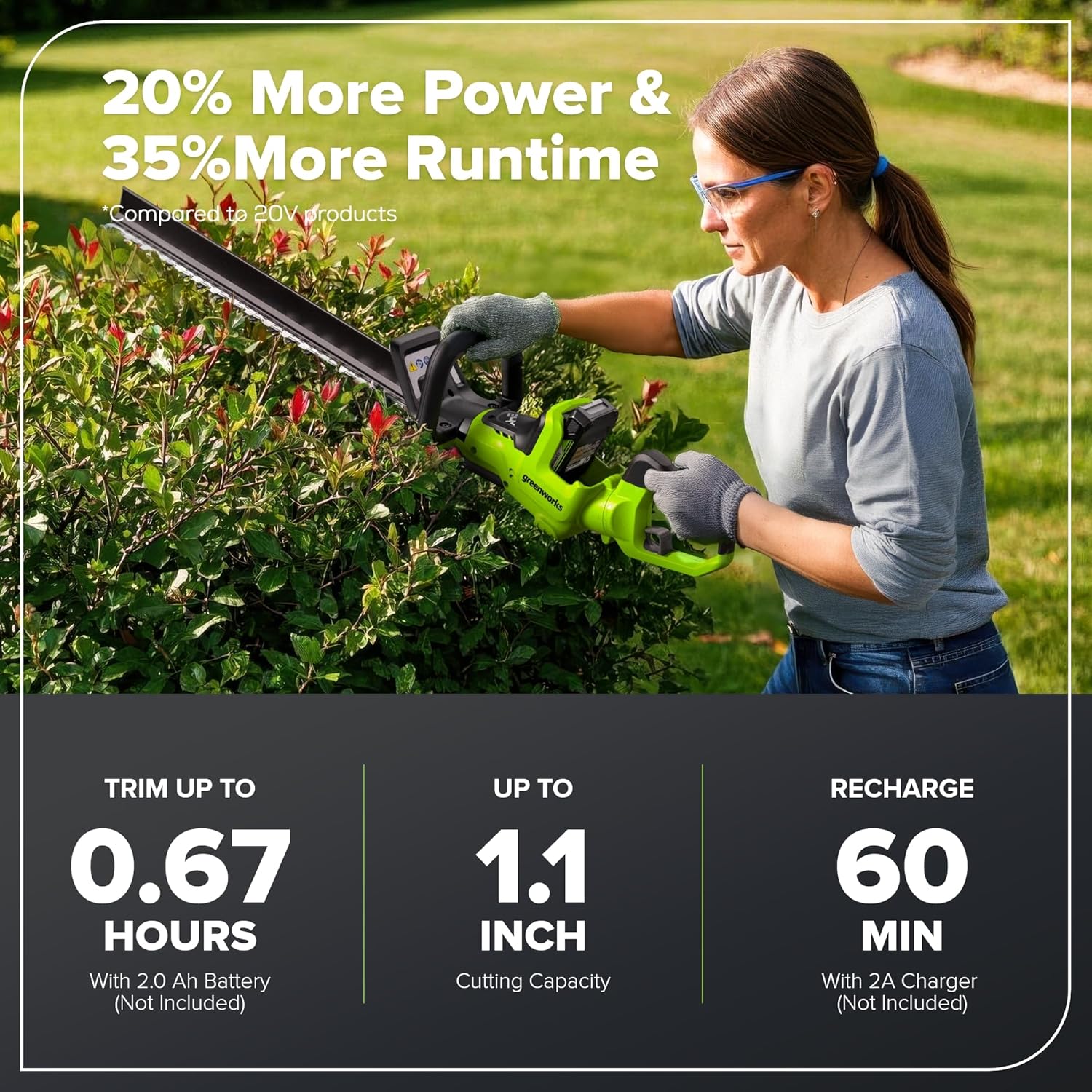 Greenworks 24V 24in Brushless Hedge Trimmer, (1) 2.0Ah Battery & 2A Port Charger
