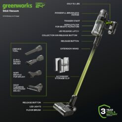 Greenworks 24V Cordless Battery Green Stick Vacuum w/ 4.0Ah USB-C Battery & Charger