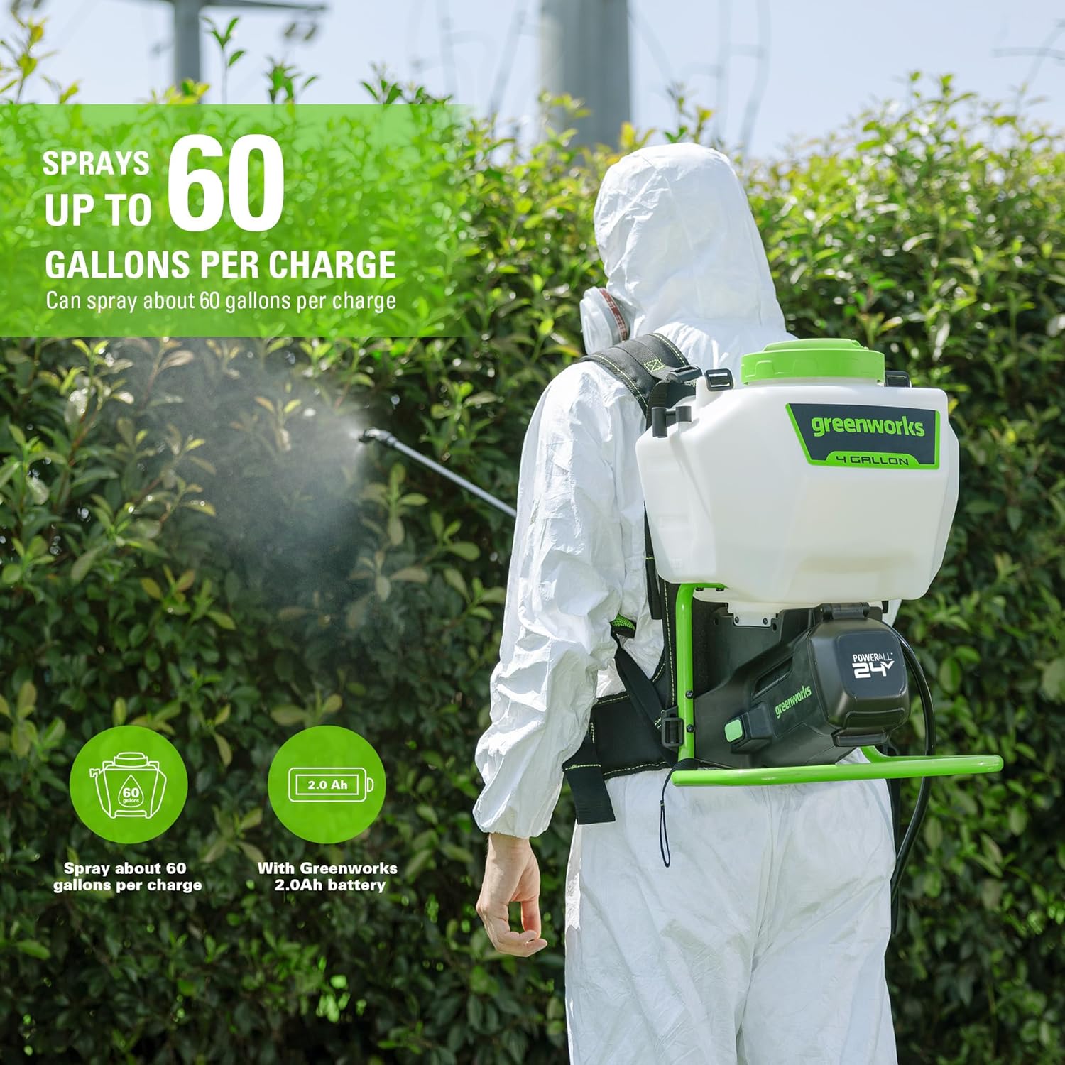 Greenworks 24V 4 Gallon Battery Powered Backpack Sprayer, 2.0Ah Battery and Charger Included