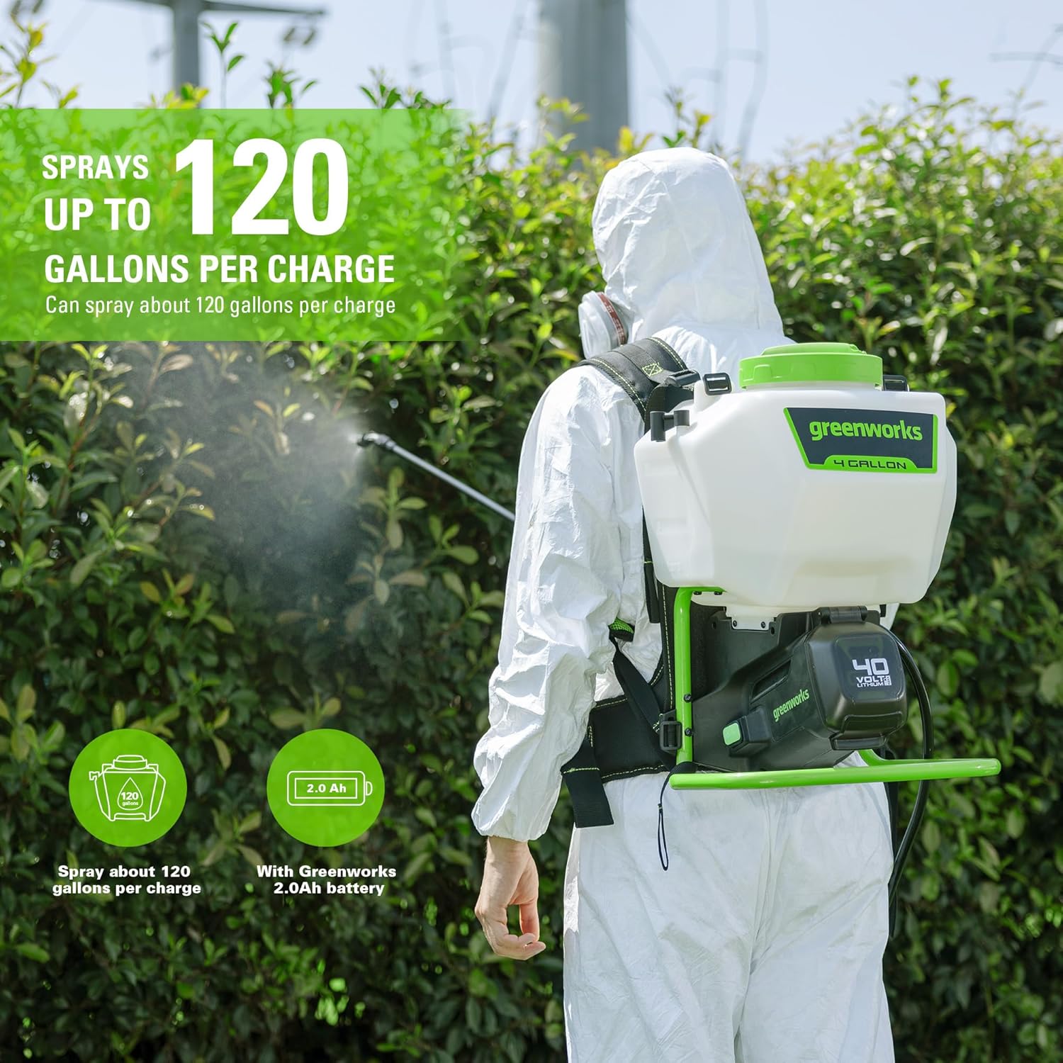 Greenworks 40V Cordless Backpack Sprayer (4 Gallon / 5 Tips / 25 FT Spray), 2.0Ah Battery and Charger Included