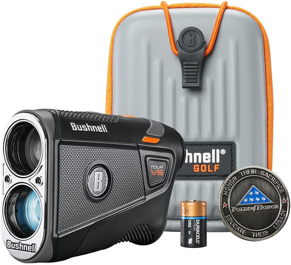 Bushnell Golf Tour V6 Laser Rangefinder Patriot Pack – Visual JOLT, Magnetic Mount, 1300-Yard Range, 6x Magnification