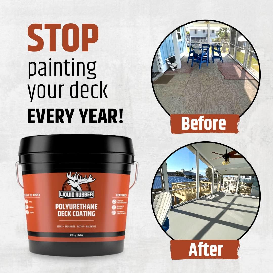Liquid Rubber Polyurethane Deck Coating – 10X Stronger Than Traditional Deck Paint & Deck Stain – Smooth Finish – White – 4 Gallon