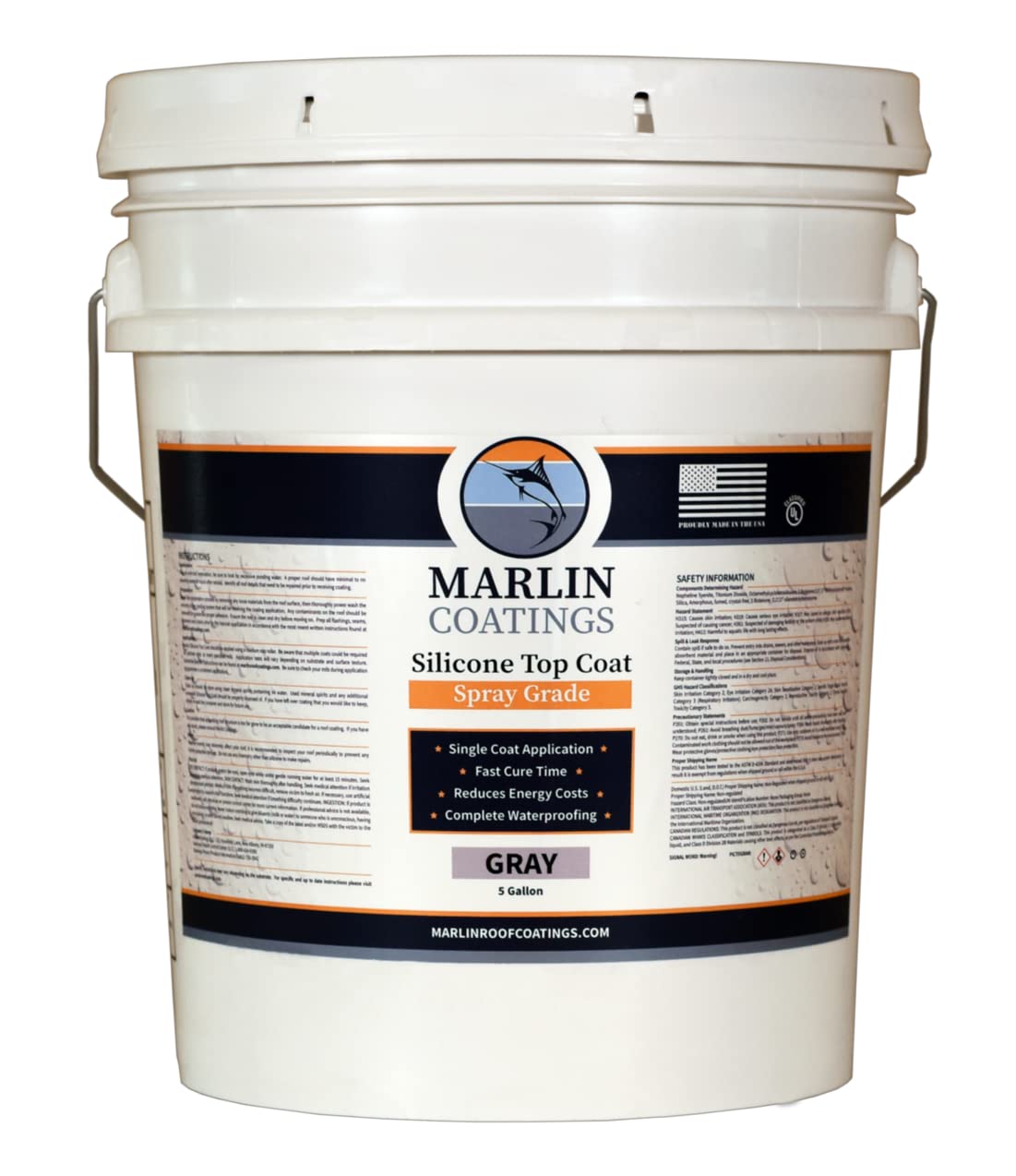 Marlin Coatings Silicone Roof Sealant - Self Leveling - Complete Waterproofing - Easy One Coat Application (5 Gallon, Gray)