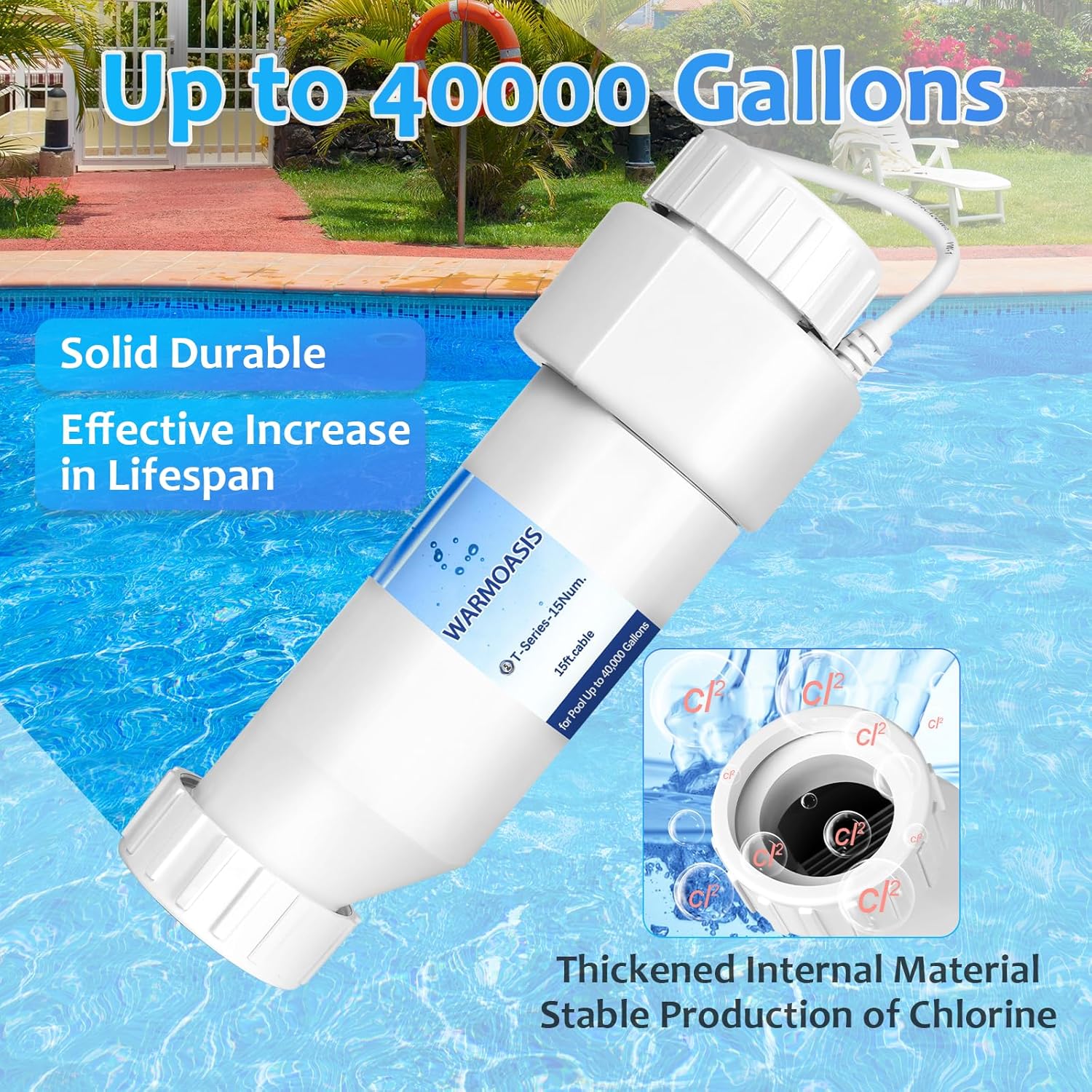 Salt Cell T15 Series Compatible with Hayward T15/T9/T3 Cell,Salt Generator for Inground Pool up to 40,000 Gallons
