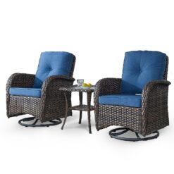 Rilyson New Juno Set of 2 Wicker Brown Steel Frame Swivel glider Rocking Chair with Blue Blue Cushioned Seat