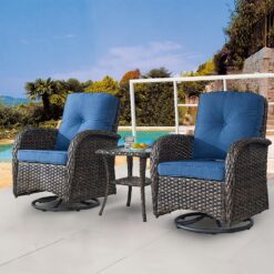 Rilyson New Juno Set of 2 Wicker Brown Steel Frame Swivel glider Rocking Chair with Blue Blue Cushioned Seat