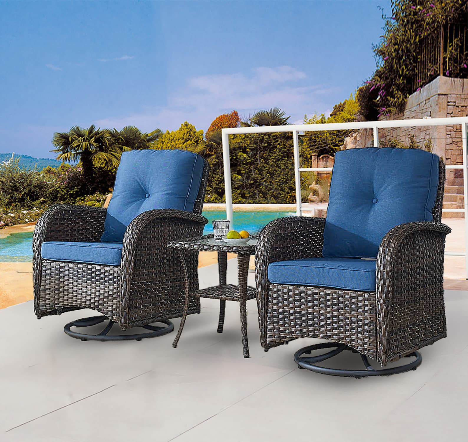 Rilyson New Juno Set of 2 Wicker Brown Steel Frame Swivel glider Rocking Chair with Blue Blue Cushioned Seat