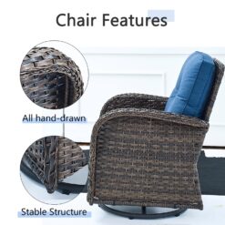 Rilyson New Juno Set of 2 Wicker Brown Steel Frame Swivel glider Rocking Chair with Blue Blue Cushioned Seat