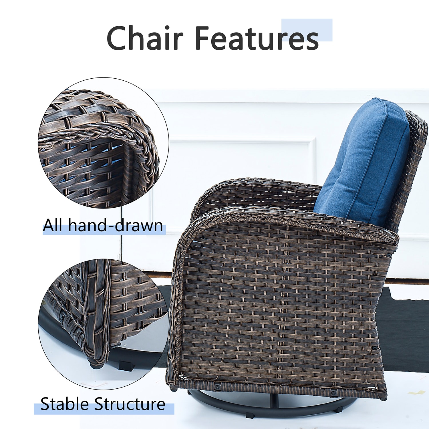 Rilyson New Juno Set of 2 Wicker Brown Steel Frame Swivel glider Rocking Chair with Blue Blue Cushioned Seat