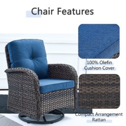 Rilyson New Juno Set of 2 Wicker Brown Steel Frame Swivel glider Rocking Chair with Blue Blue Cushioned Seat