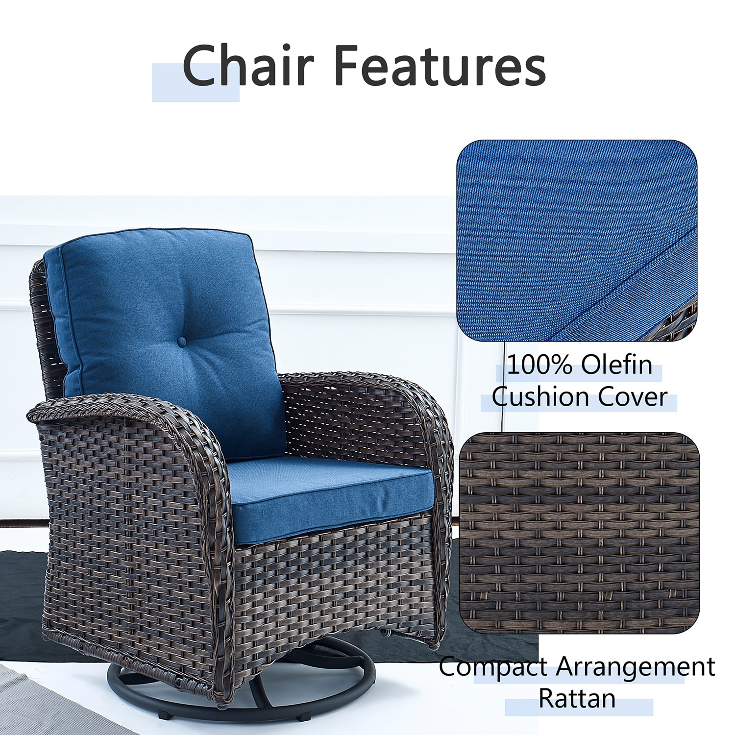 Rilyson New Juno Set of 2 Wicker Brown Steel Frame Swivel glider Rocking Chair with Blue Blue Cushioned Seat