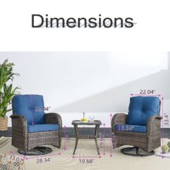 Rilyson New Juno Set of 2 Wicker Brown Steel Frame Swivel glider Rocking Chair with Blue Blue Cushioned Seat