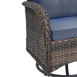 Rilyson New Juno Set of 2 Wicker Brown Steel Frame Swivel glider Rocking Chair with Blue Blue Cushioned Seat