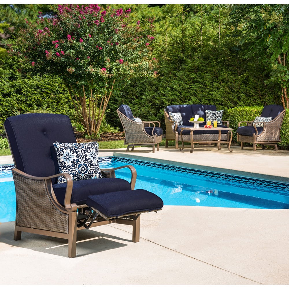 Hanover Ventura Wicker Cocoa Stone Steel Frame Stationary Recliner Chair with Blue Cushioned Seat