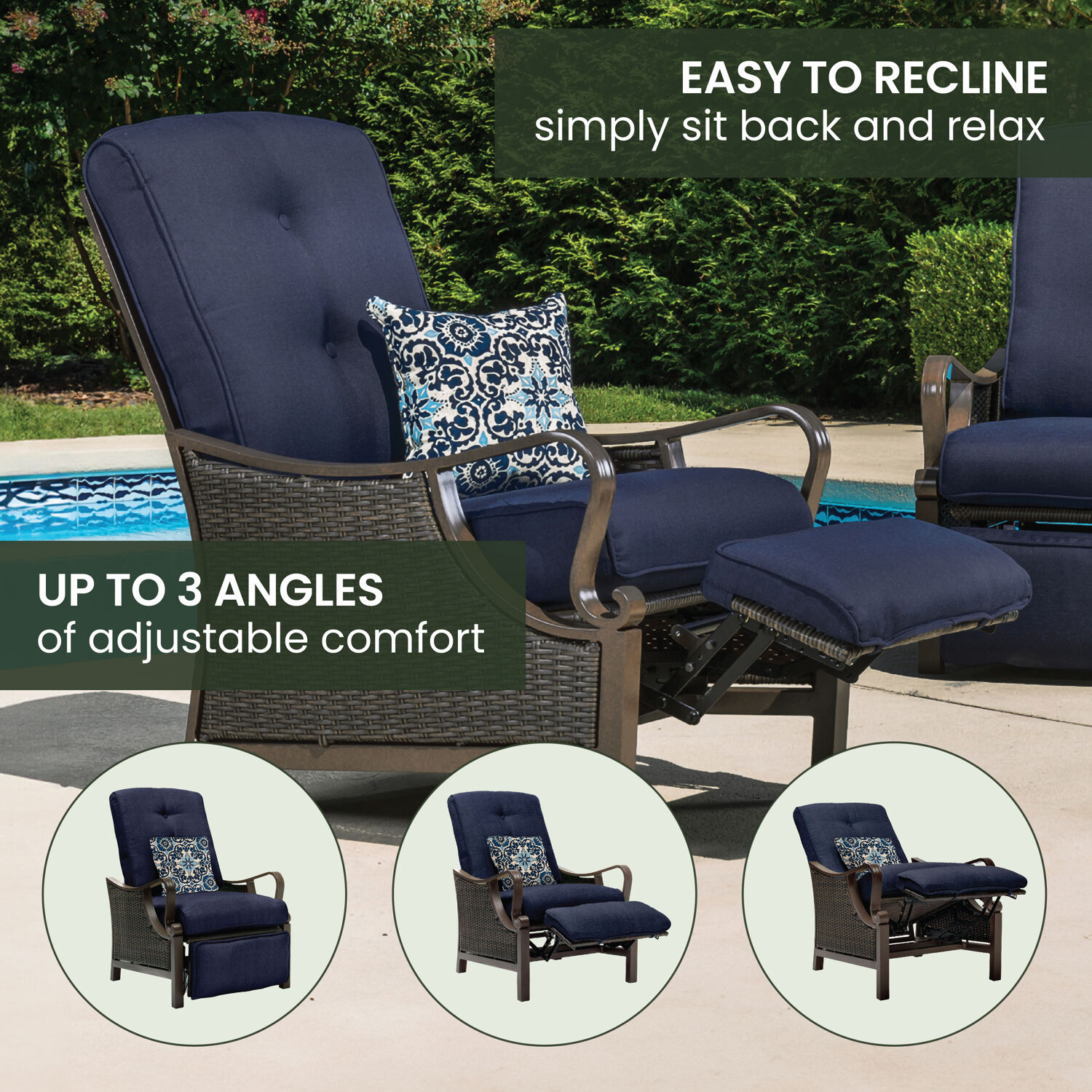Hanover Ventura Wicker Cocoa Stone Steel Frame Stationary Recliner Chair with Blue Cushioned Seat