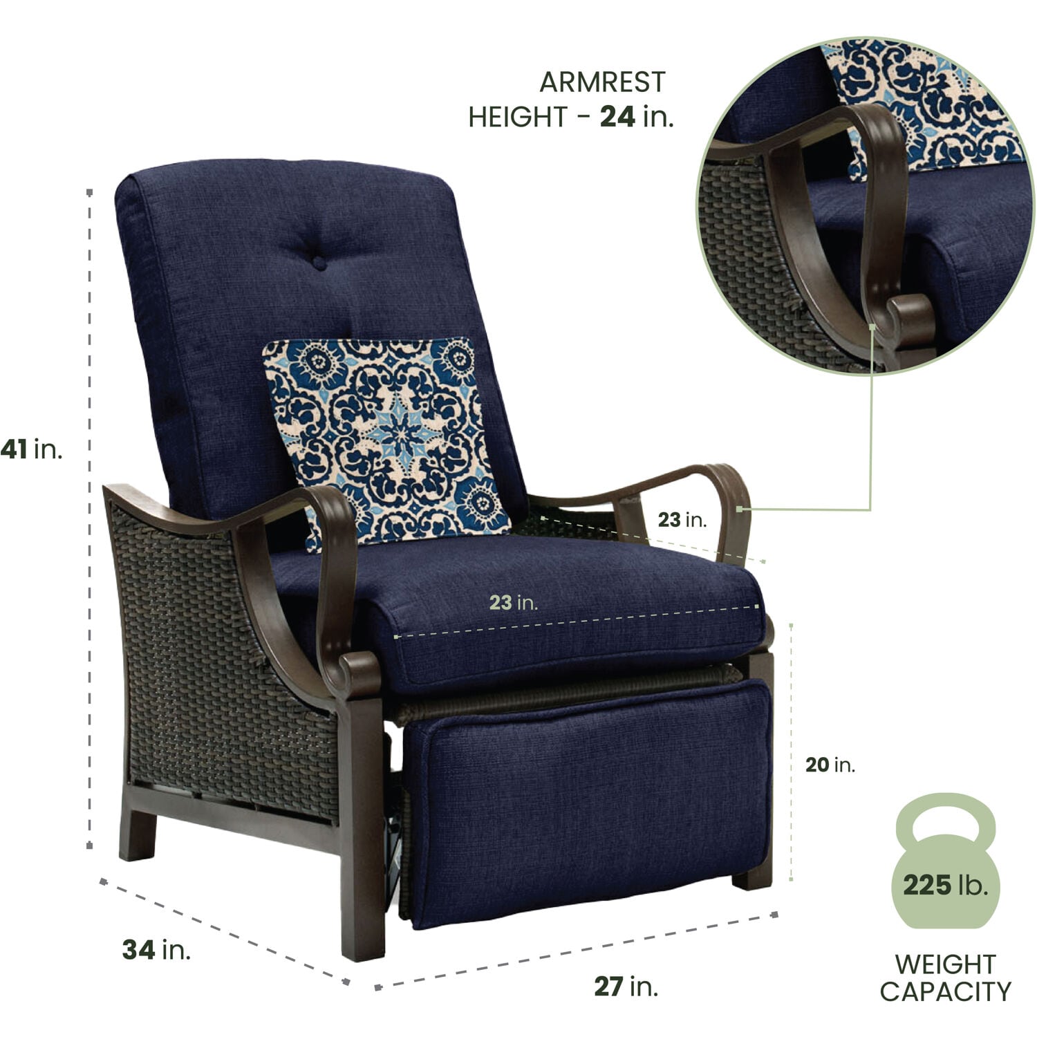 Hanover Ventura Wicker Cocoa Stone Steel Frame Stationary Recliner Chair with Blue Cushioned Seat