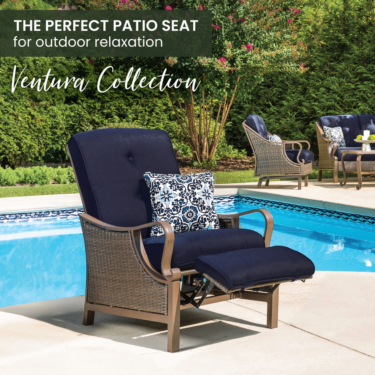Hanover Ventura Wicker Cocoa Stone Steel Frame Stationary Recliner Chair with Blue Cushioned Seat