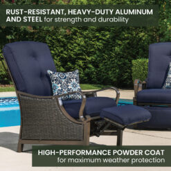 Hanover Ventura Wicker Cocoa Stone Steel Frame Stationary Recliner Chair with Blue Cushioned Seat