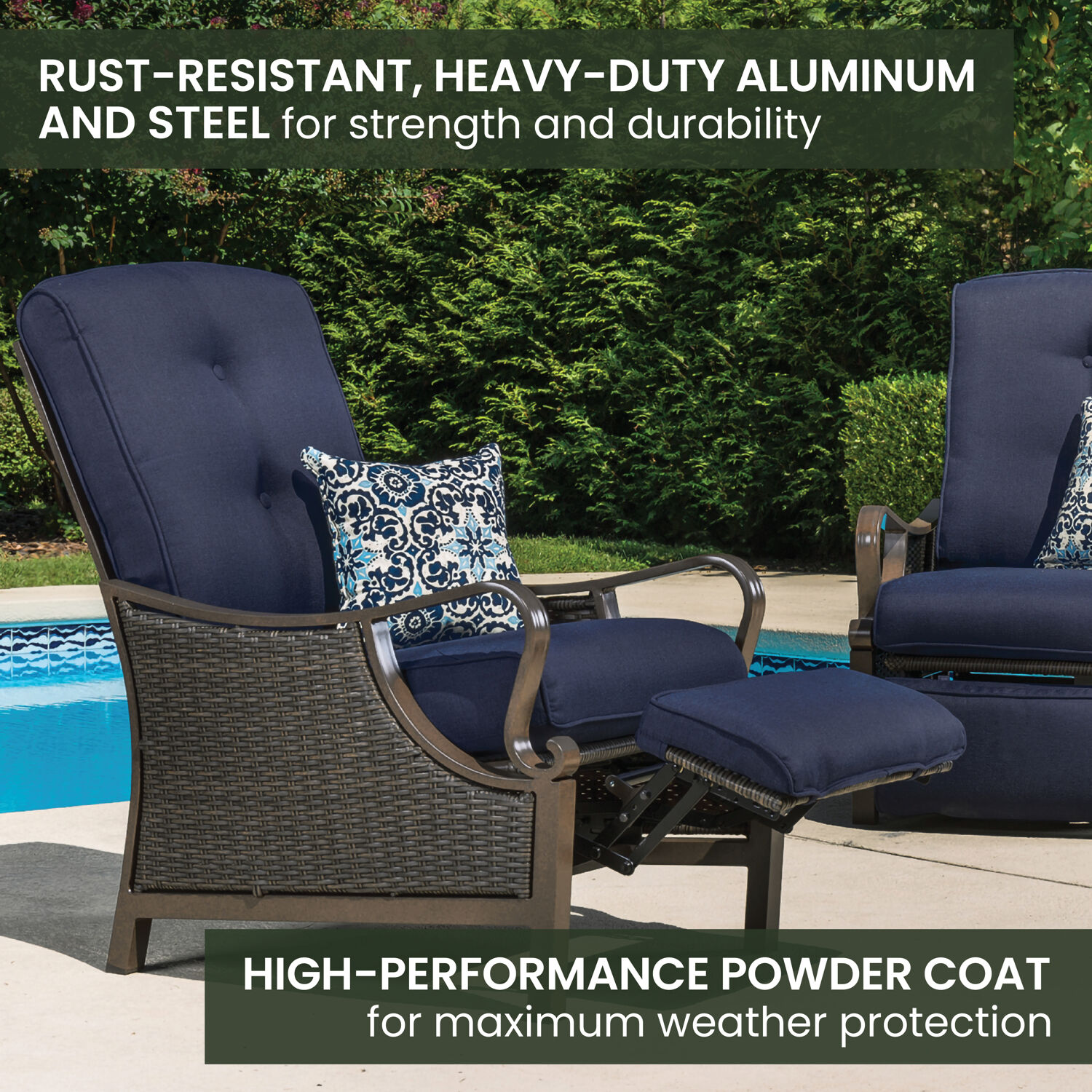 Hanover Ventura Wicker Cocoa Stone Steel Frame Stationary Recliner Chair with Blue Cushioned Seat