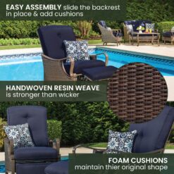 Hanover Ventura Wicker Cocoa Stone Steel Frame Stationary Recliner Chair with Blue Cushioned Seat