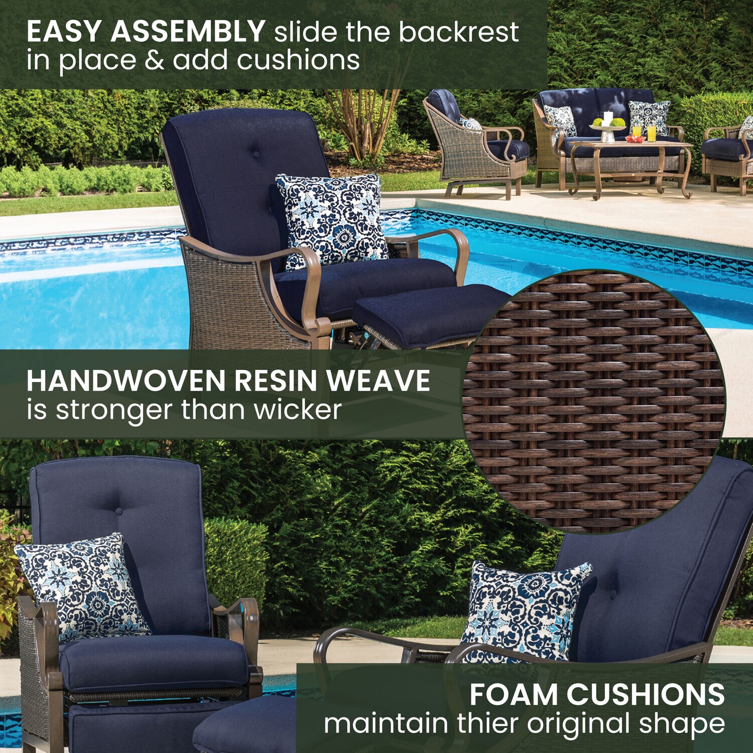 Hanover Ventura Wicker Cocoa Stone Steel Frame Stationary Recliner Chair with Blue Cushioned Seat