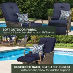 Hanover Ventura Wicker Cocoa Stone Steel Frame Stationary Recliner Chair with Blue Cushioned Seat