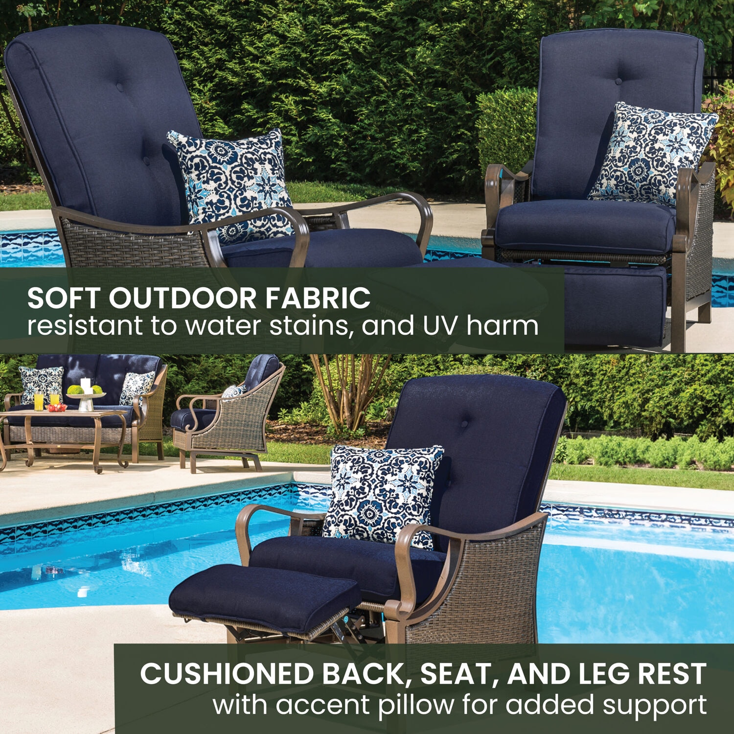 Hanover Ventura Wicker Cocoa Stone Steel Frame Stationary Recliner Chair with Blue Cushioned Seat