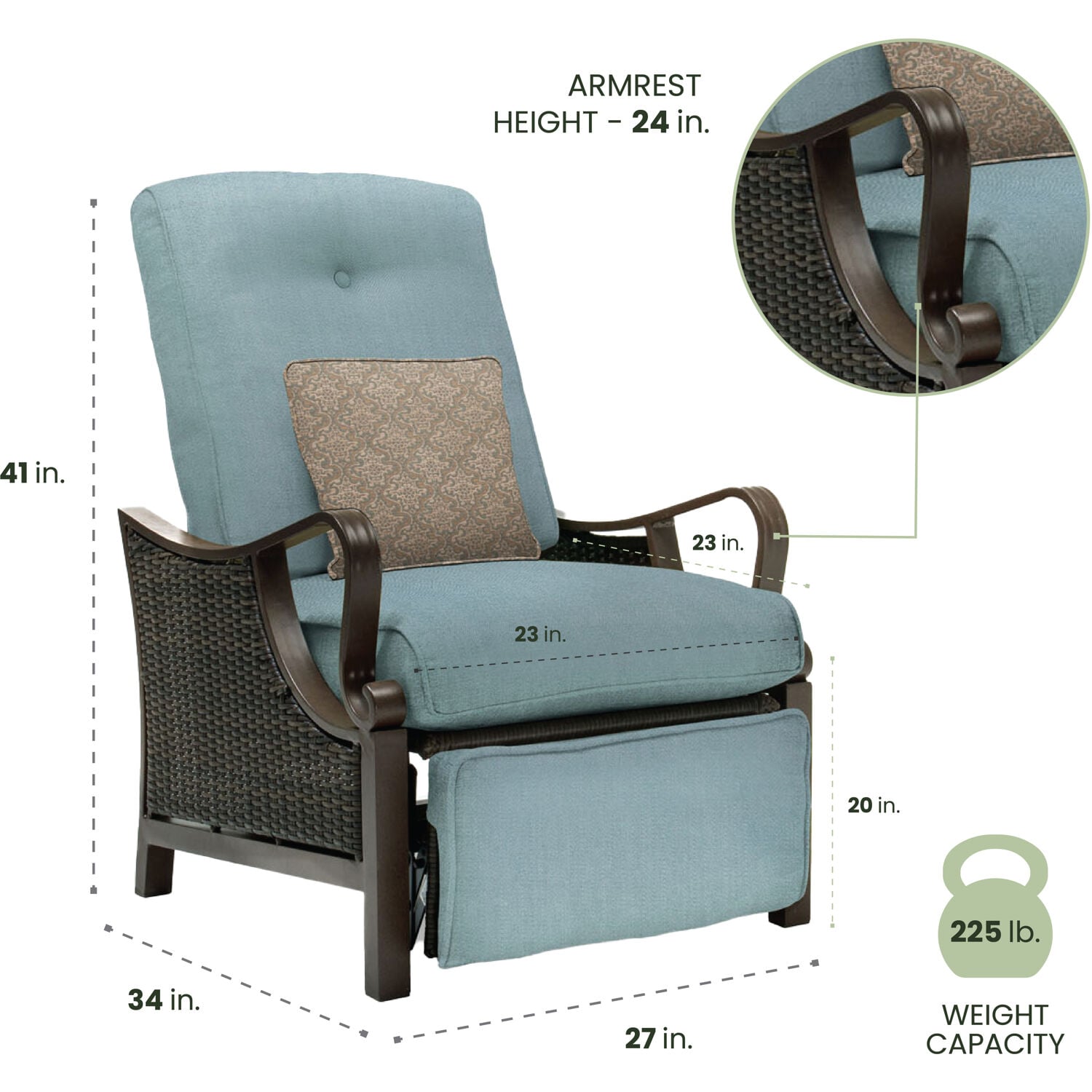 Hanover Ventura Wicker Cocoa Stone Steel Frame Stationary Recliner Chair with Blue Cushioned Seat