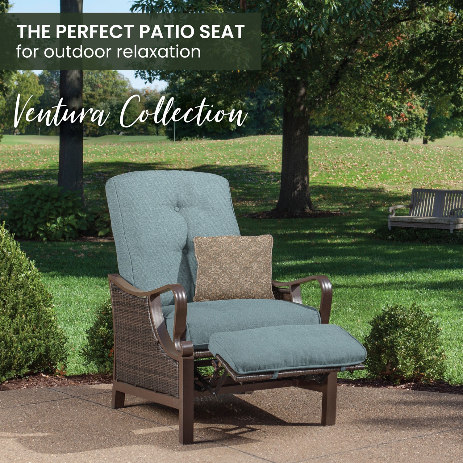 Hanover Ventura Wicker Cocoa Stone Steel Frame Stationary Recliner Chair with Blue Cushioned Seat