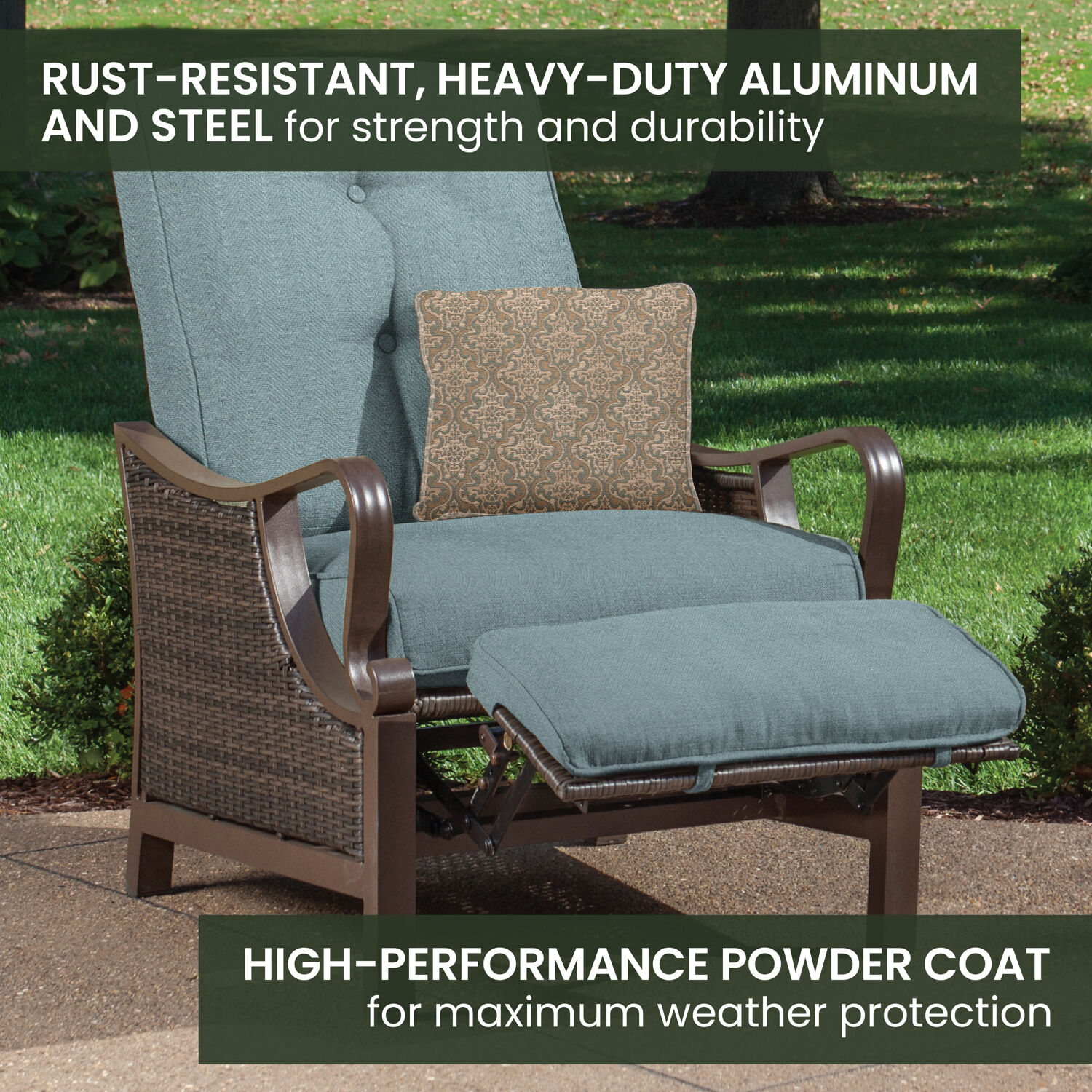 Hanover Ventura Wicker Cocoa Stone Steel Frame Stationary Recliner Chair with Blue Cushioned Seat