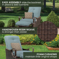 Hanover Ventura Wicker Cocoa Stone Steel Frame Stationary Recliner Chair with Blue Cushioned Seat
