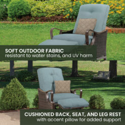 Hanover Ventura Wicker Cocoa Stone Steel Frame Stationary Recliner Chair with Blue Cushioned Seat