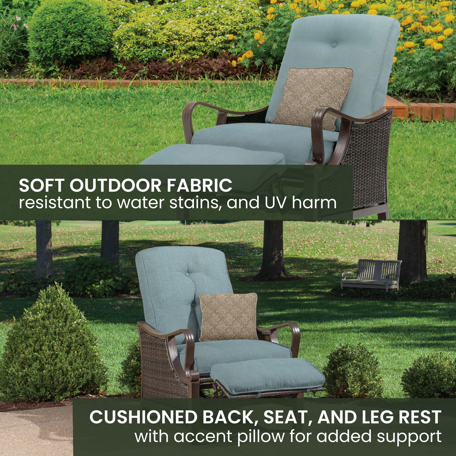 Hanover Ventura Wicker Cocoa Stone Steel Frame Stationary Recliner Chair with Blue Cushioned Seat