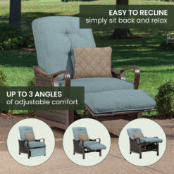 Hanover Ventura Wicker Cocoa Stone Steel Frame Stationary Recliner Chair with Blue Cushioned Seat