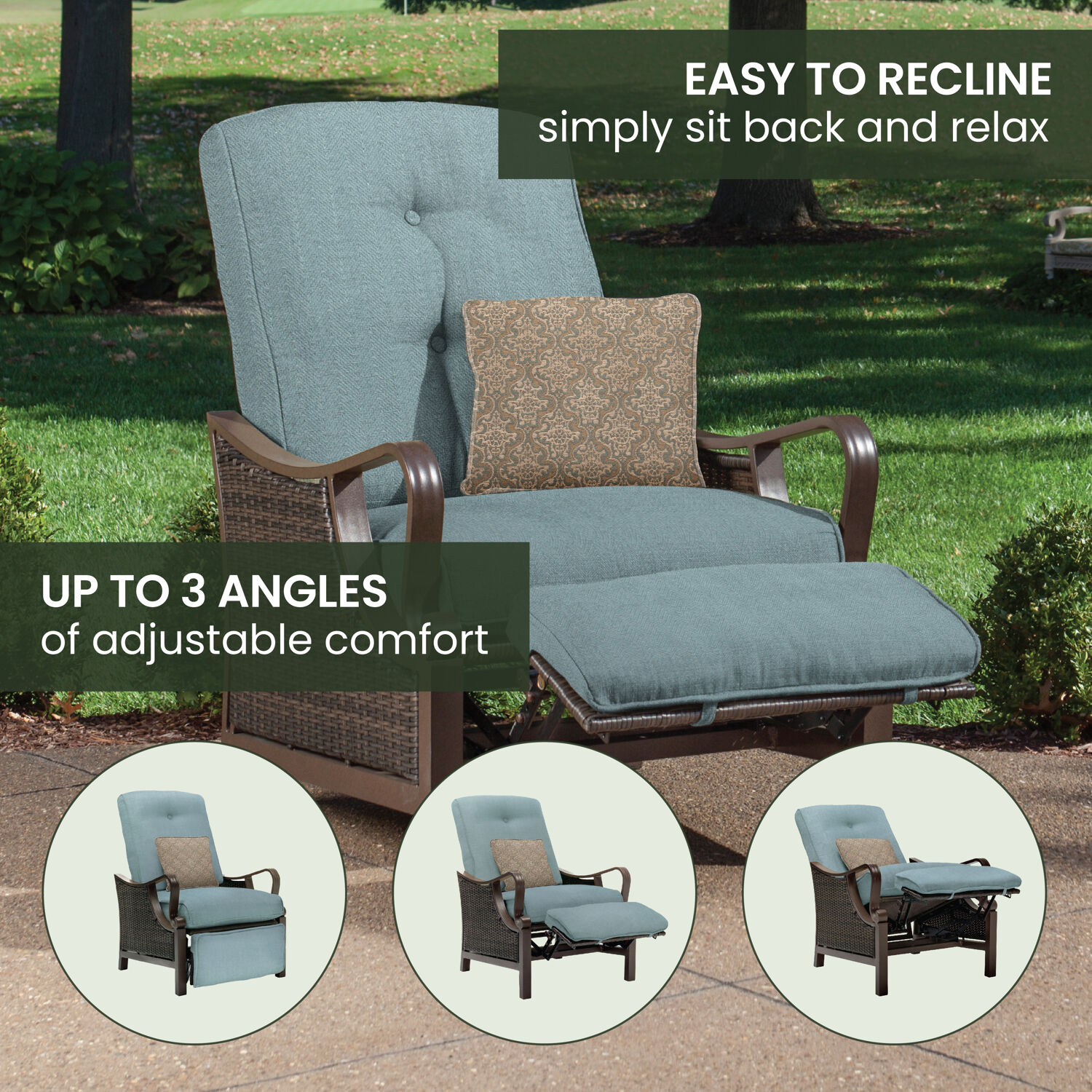 Hanover Ventura Wicker Cocoa Stone Steel Frame Stationary Recliner Chair with Blue Cushioned Seat