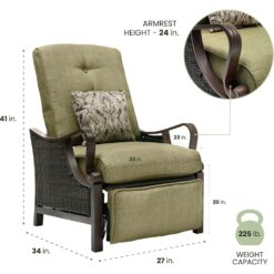 Hanover Ventura Wicker Cocoa Stone Steel Frame Stationary Recliner Chair with Green Cushioned Seat
