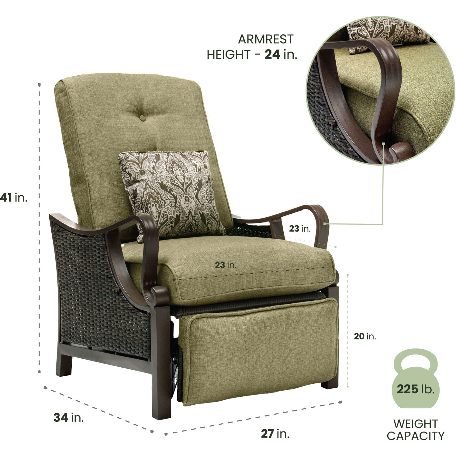 Hanover Ventura Wicker Cocoa Stone Steel Frame Stationary Recliner Chair with Green Cushioned Seat