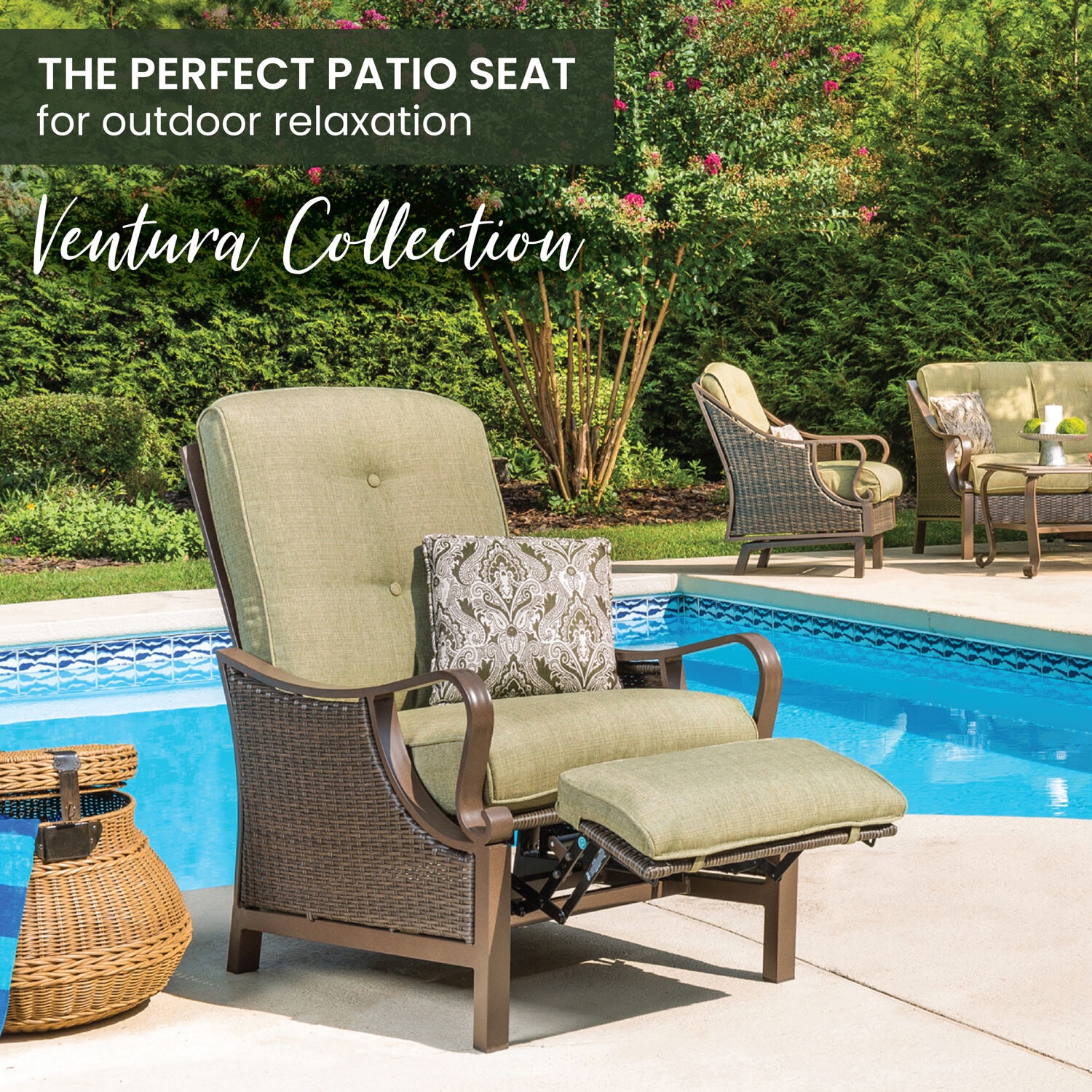 Hanover Ventura Wicker Cocoa Stone Steel Frame Stationary Recliner Chair with Green Cushioned Seat