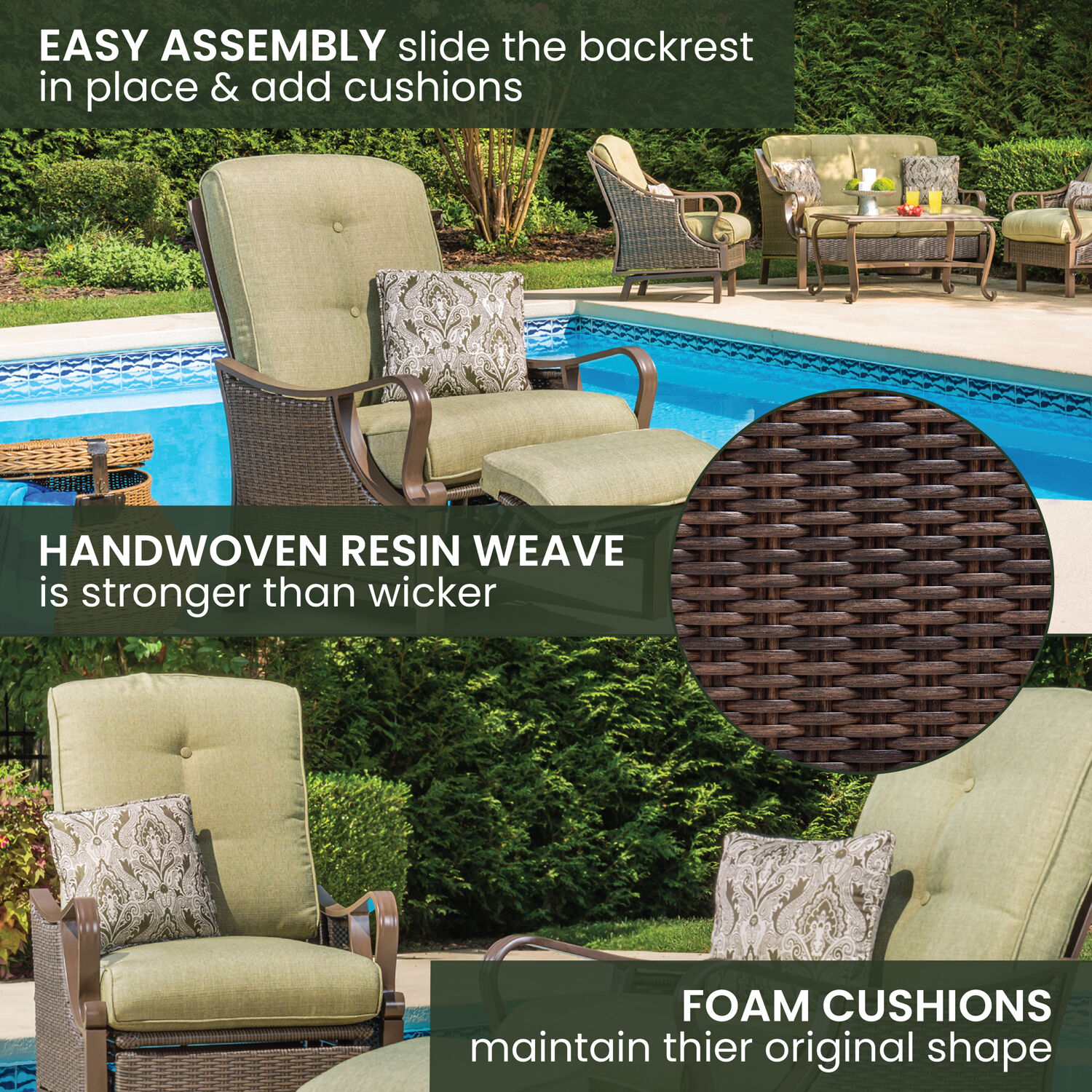 Hanover Ventura Wicker Cocoa Stone Steel Frame Stationary Recliner Chair with Green Cushioned Seat