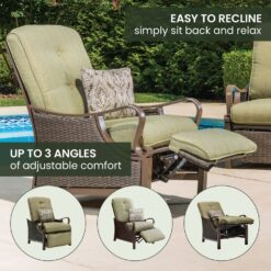 Hanover Ventura Wicker Cocoa Stone Steel Frame Stationary Recliner Chair with Green Cushioned Seat