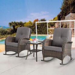 Rilyson New Juno Set of 2 Wicker Brown Wicker Frame Rocking Chair with Gray Gray Cushioned Seat