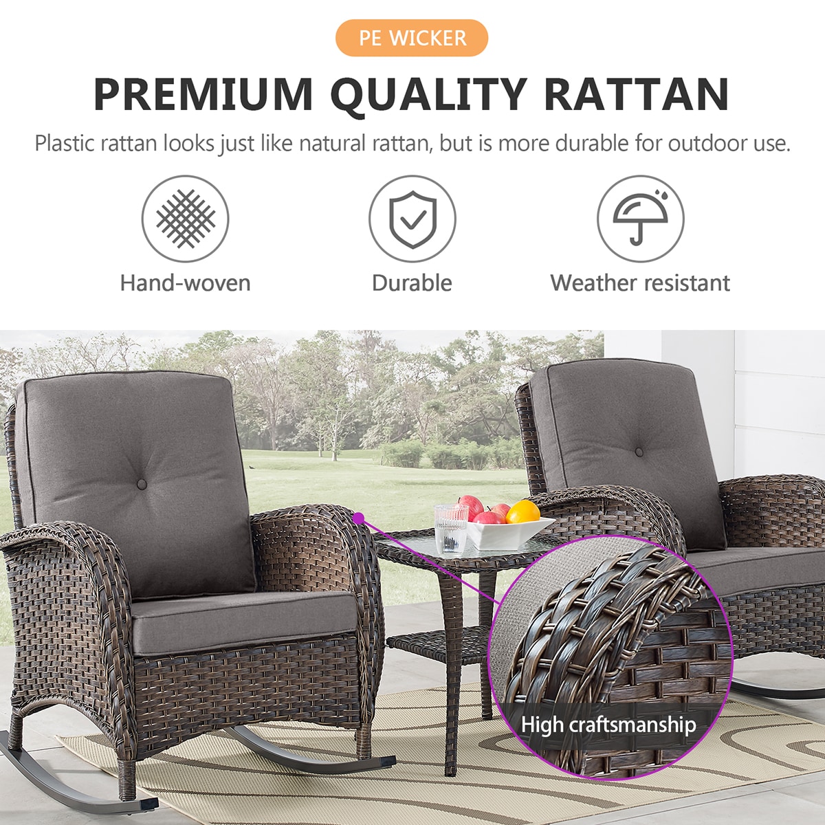 Rilyson New Juno Set of 2 Wicker Brown Wicker Frame Rocking Chair with Gray Gray Cushioned Seat