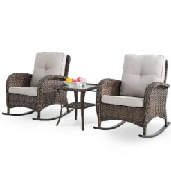 Rilyson New Juno Set of 2 Wicker Brown Steel Frame Rocking Chair with Multiple colors/finishes Beige Cushioned Seat
