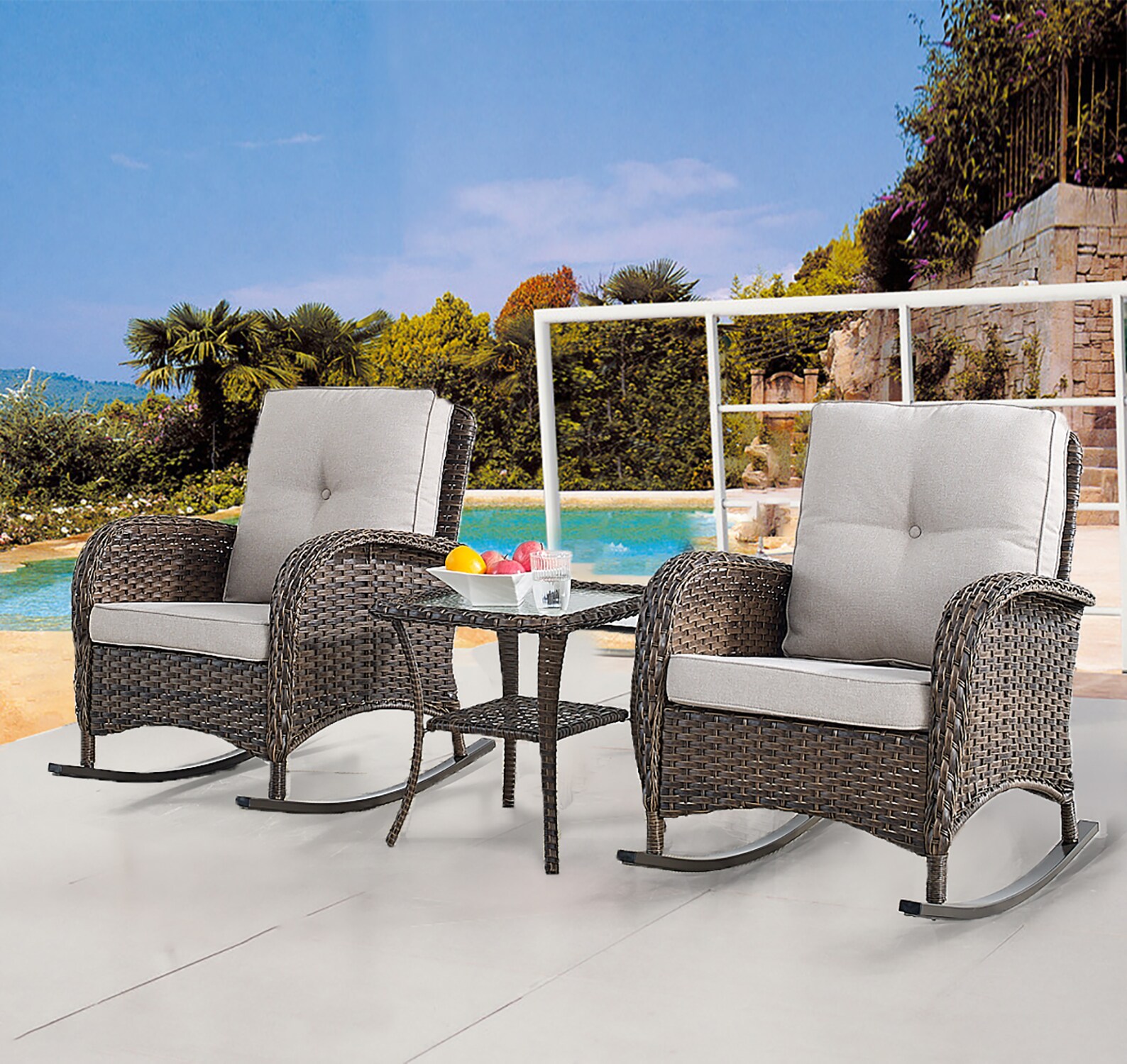 Rilyson New Juno Set of 2 Wicker Brown Steel Frame Rocking Chair with Multiple colors/finishes Beige Cushioned Seat