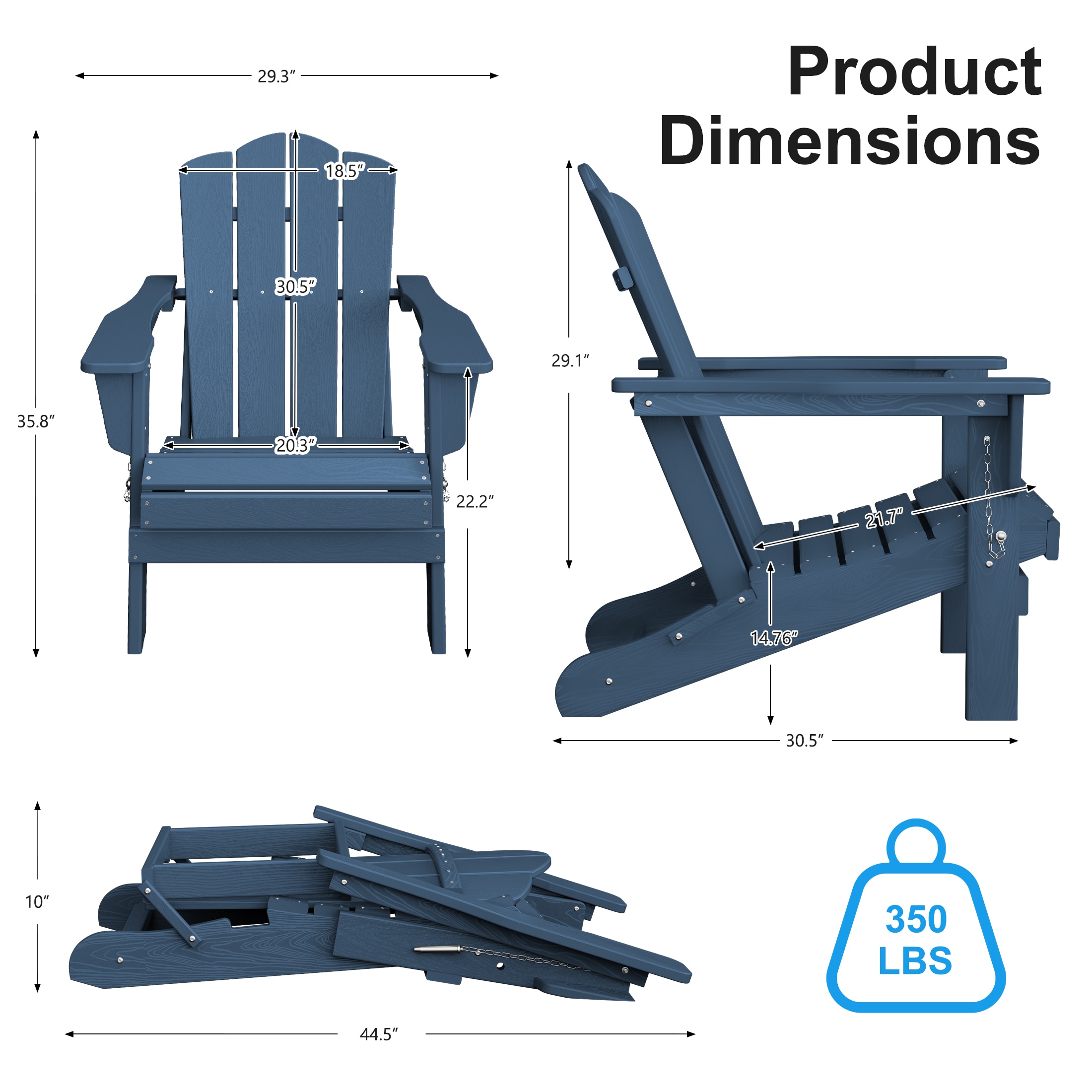 JEAREY HDPE Folding Adirondack Chair Set of 4 Set of 4 Stackable Navy HDPE Frame Stationary Adirondack Chair with Slat Seat
