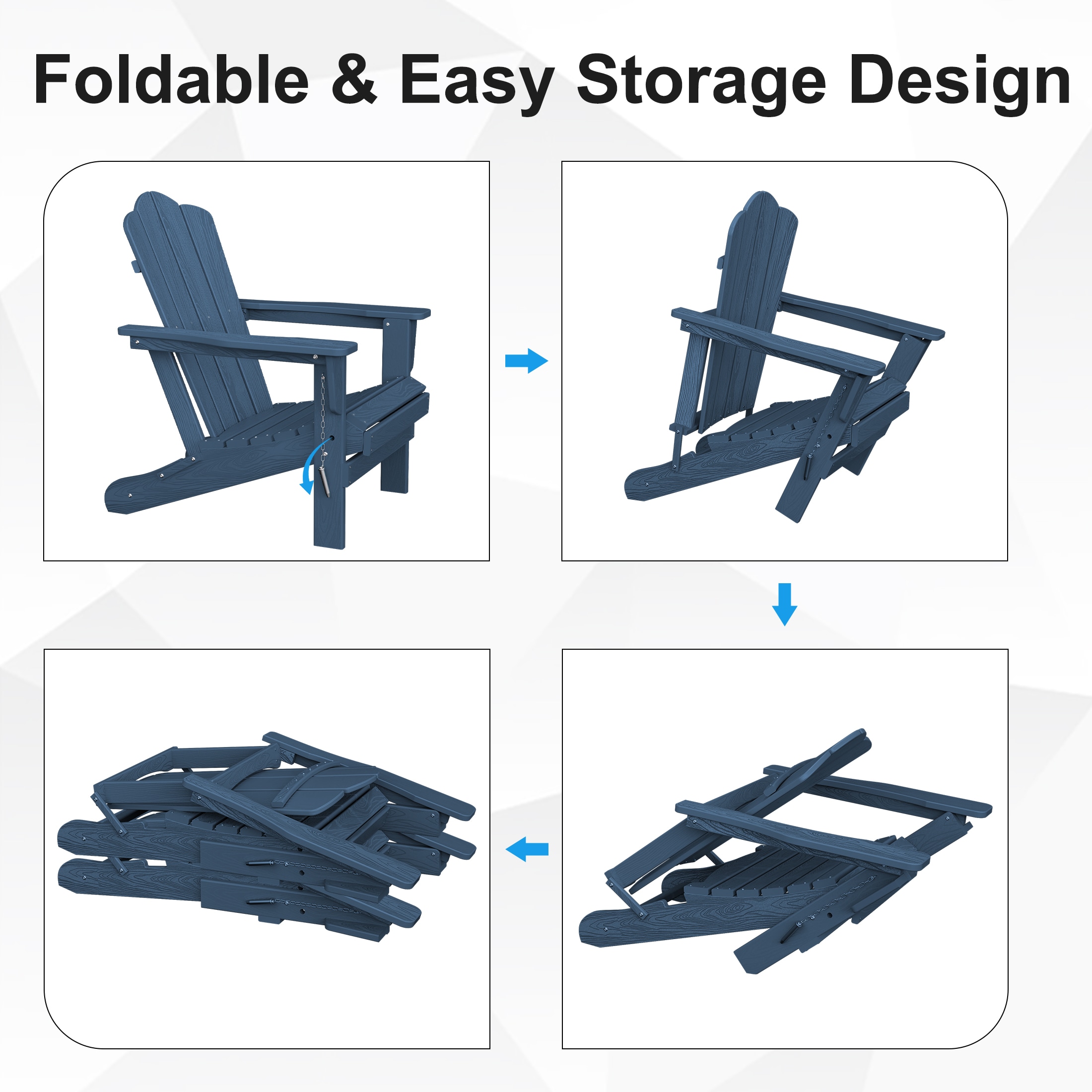 JEAREY HDPE Folding Adirondack Chair Set of 4 Set of 4 Stackable Navy HDPE Frame Stationary Adirondack Chair with Slat Seat